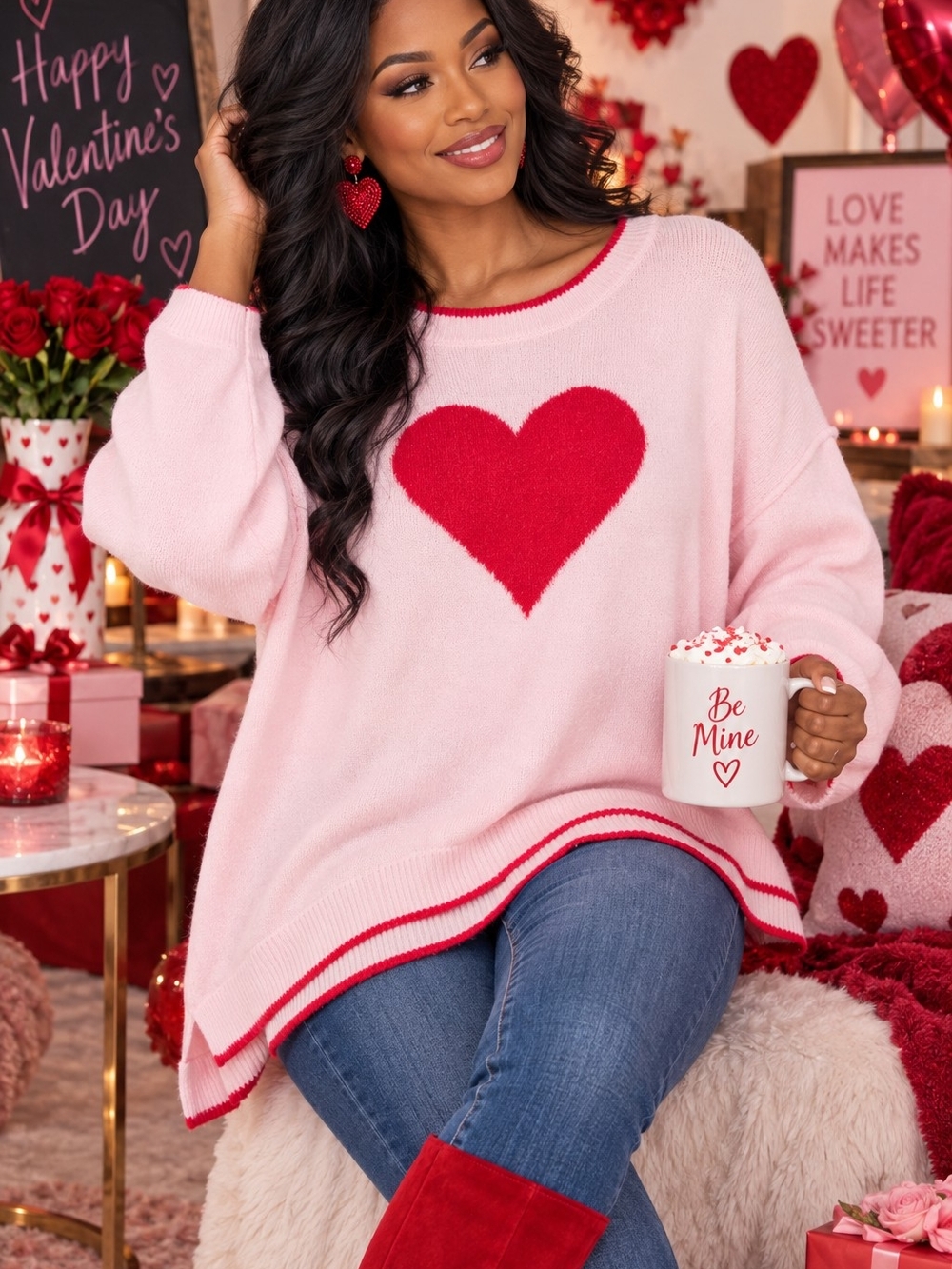 CeCe Women’s PXL Pink Red Heart Oversized Valentine Sweater NWT